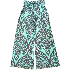 Hershe size large bright teal blue wide leg slinky pants boho grey damask design